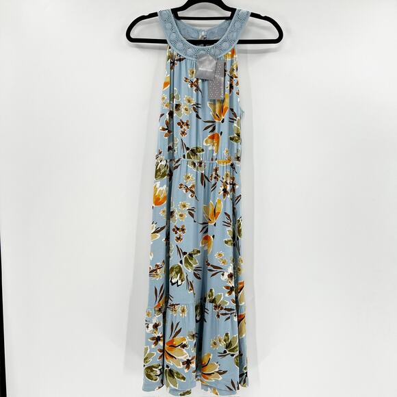 NWT Danielrainn Women's Light Blue Floral High Neck Crochet Midi Dress Size M - Picture 1 of 5